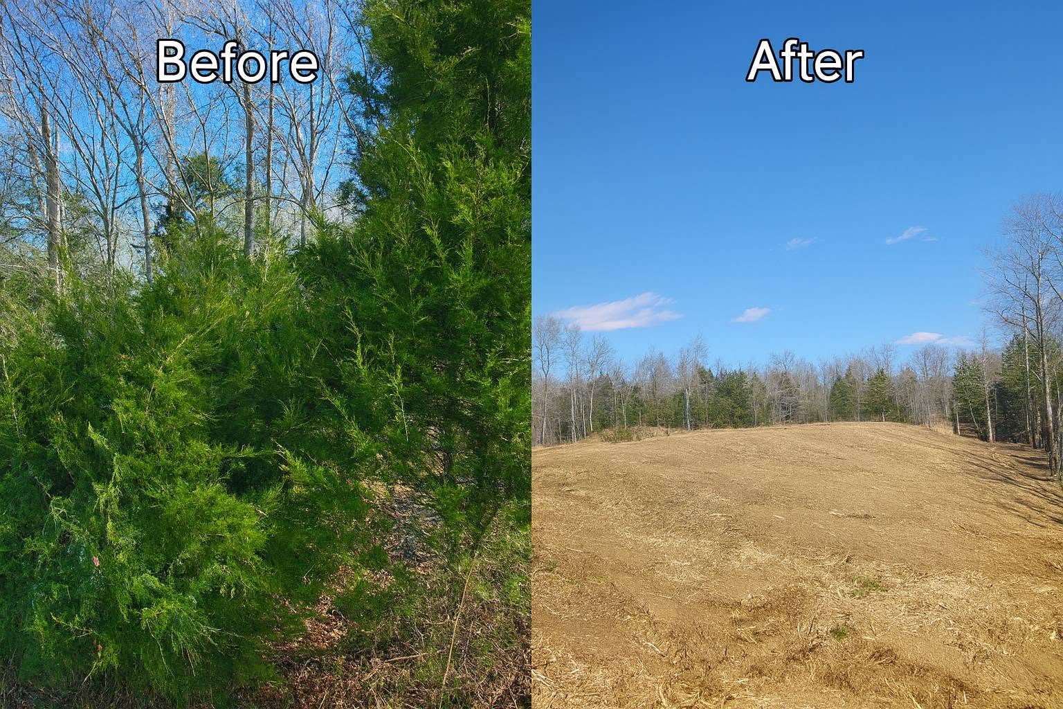 Before and after view of an overgrown lot cleared into open usable ground