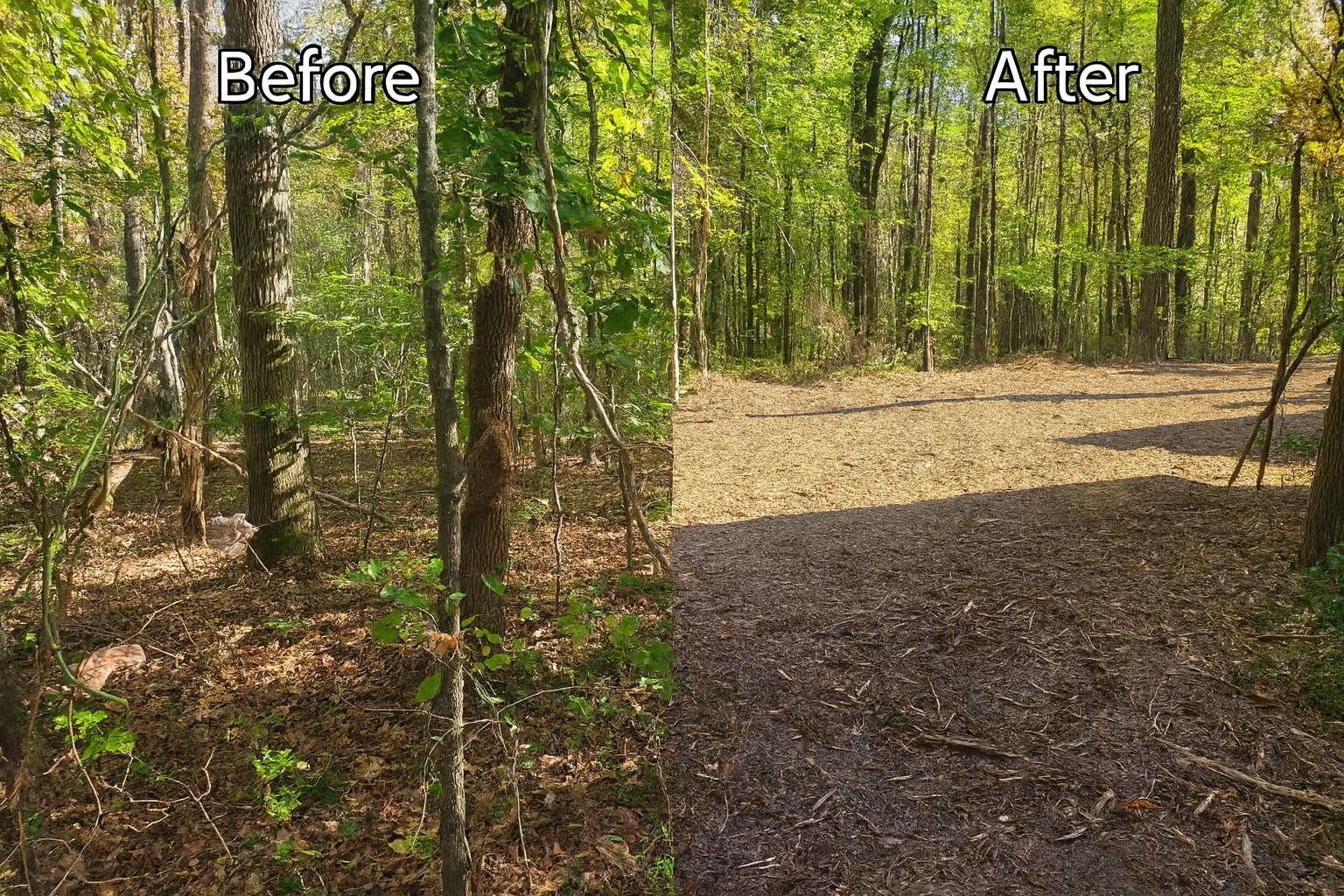 Before and after view of dense woodland opened into a wide mulched access trail